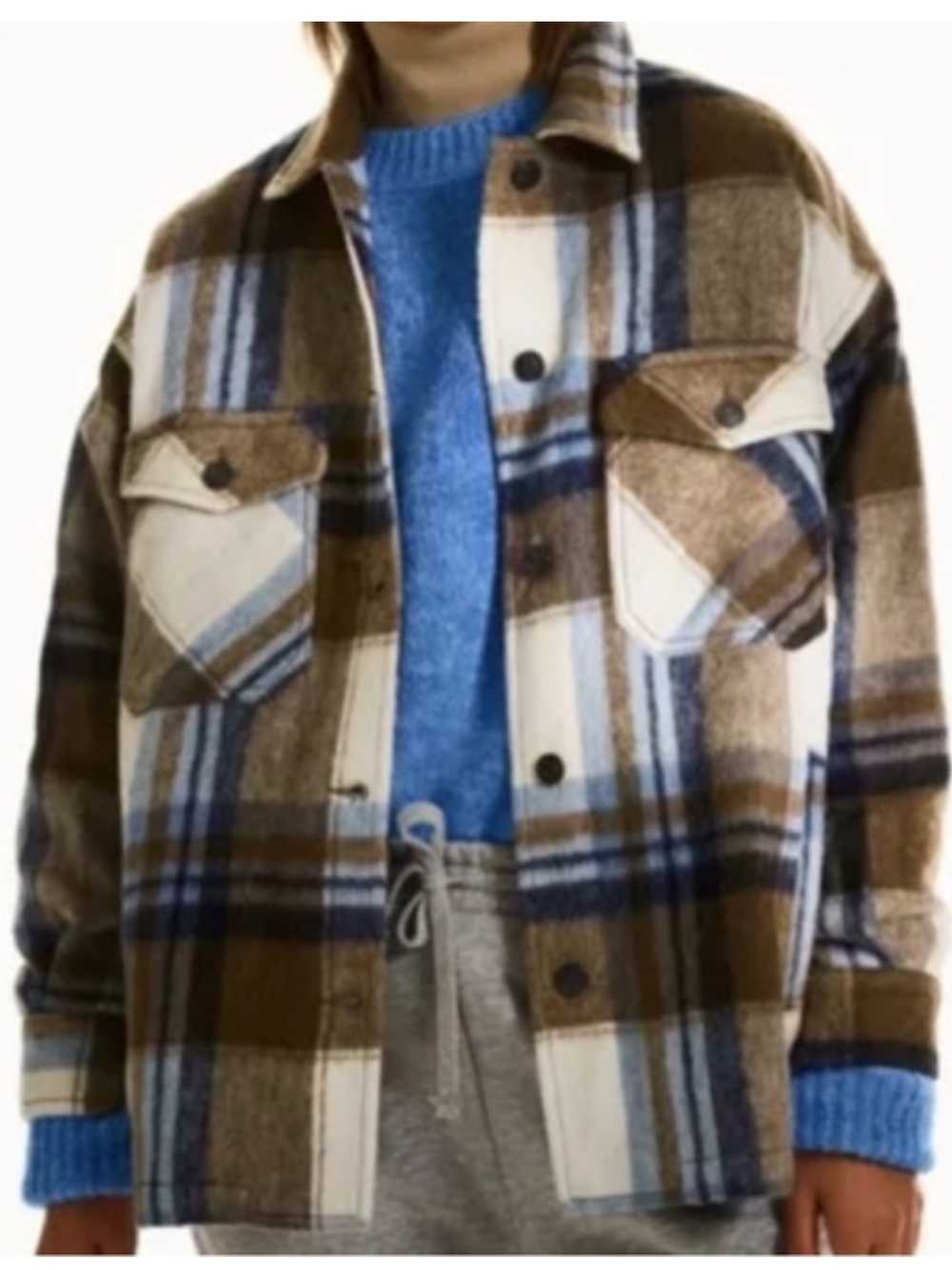Zara Oversized Wool Blend Shacket In Brown Blue